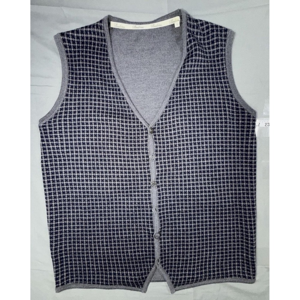 Stenströms Sweater Vest Mens Large Gray Check V Neck 100% Merino Wool Knit